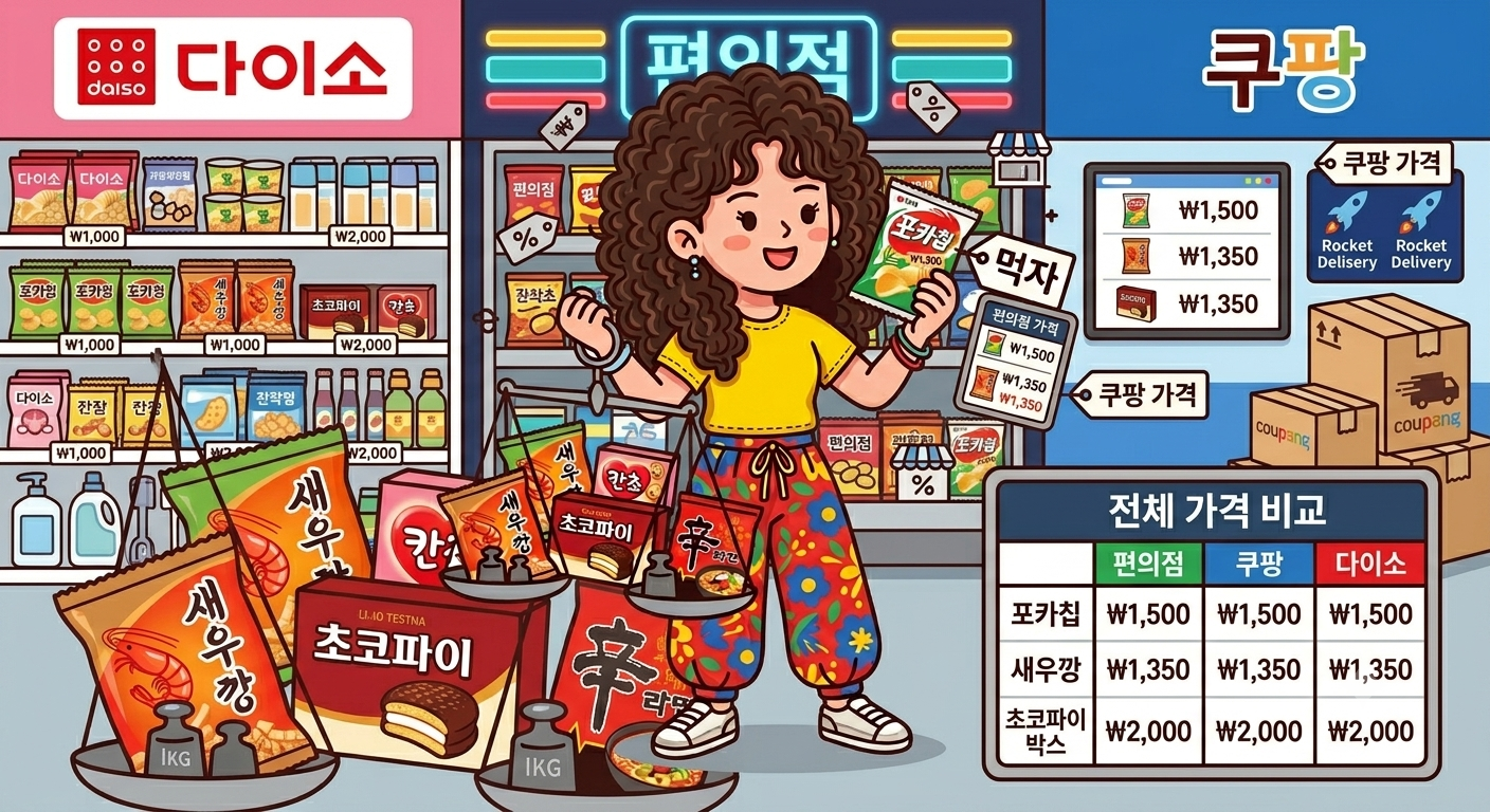 먹자가 다이소·편의점·쿠팡 가격을 비교해요